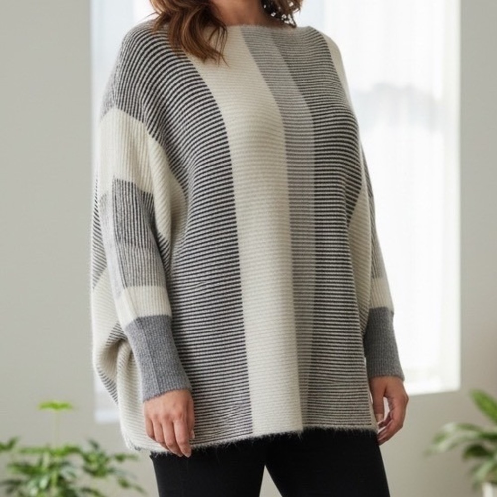 Philosophy Republic Clothing 1X Colorblock Striped Batwing Sweater Grey White